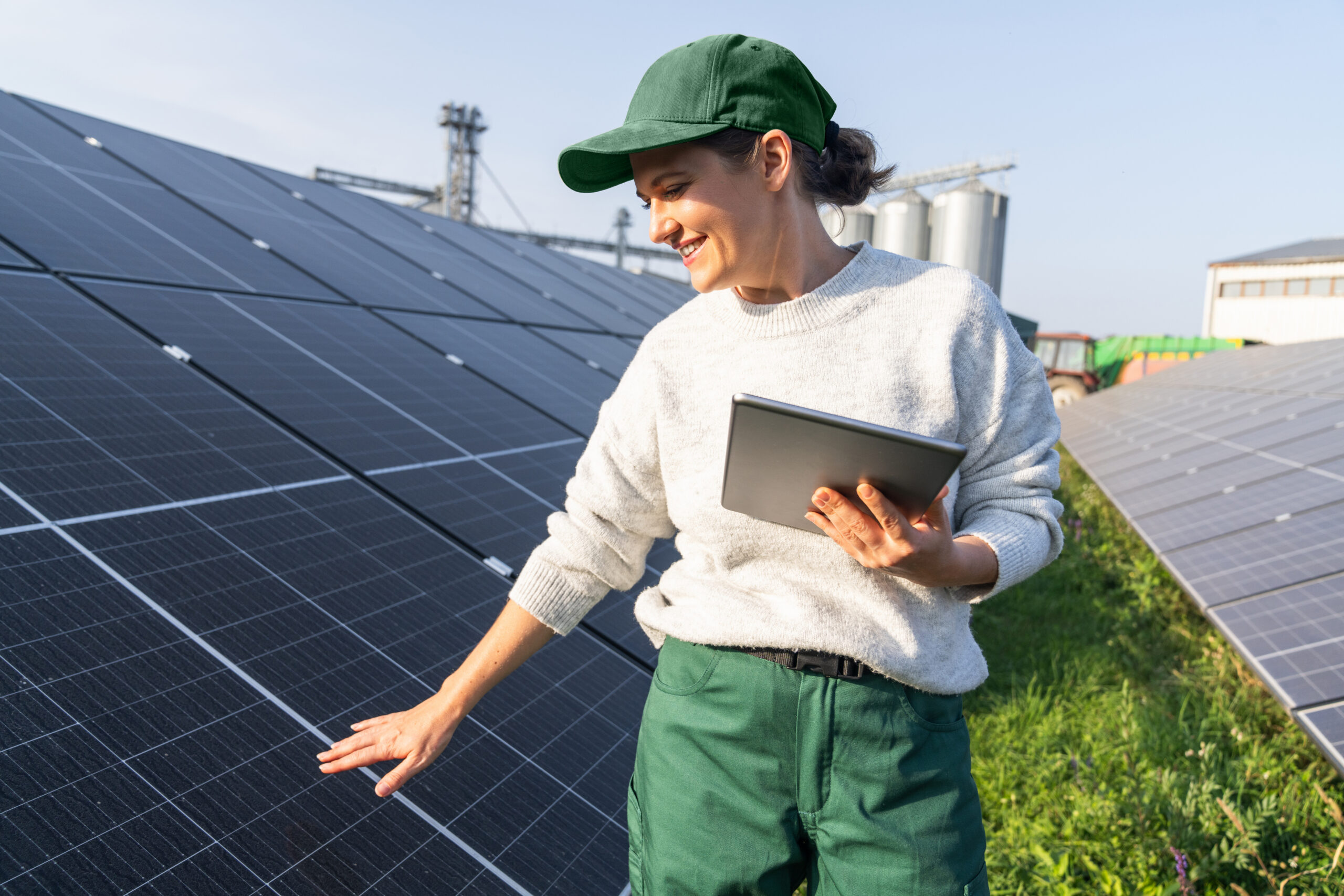 An operator checking a solar array